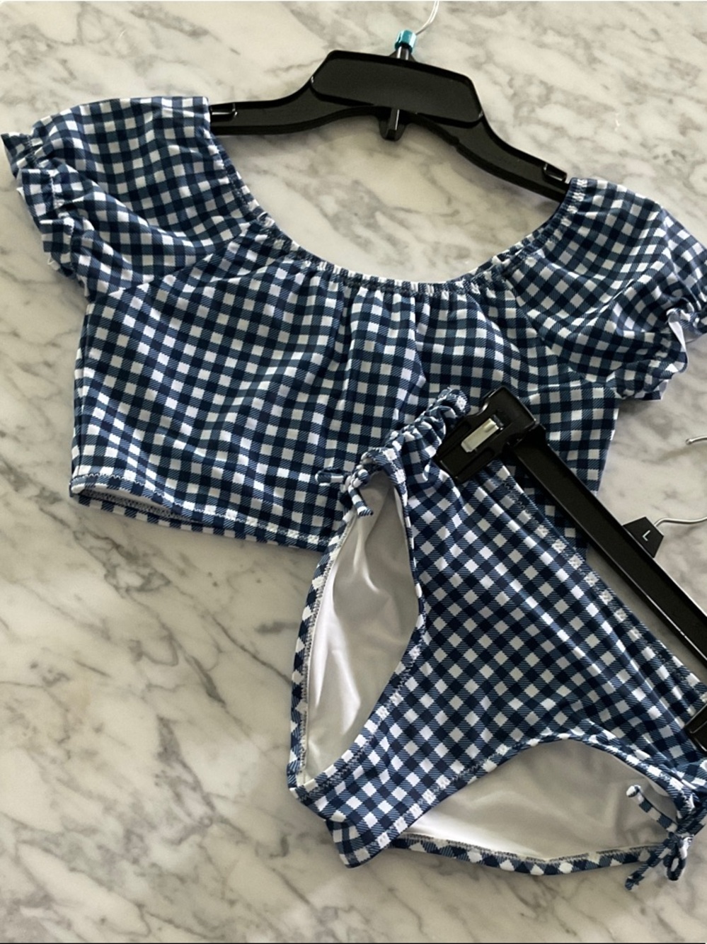 Blue Gingham Off-Shoulder Two-Piece Set